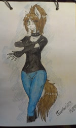 Size: 1552x2592 | Tagged: safe, artist:twotail813, oc, oc only, oc:sunny way, anthro, earth pony, unguligrade anthro, collar, female, long gloves, rcf community, solo, traditional art