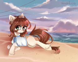 Size: 2247x1779 | Tagged: safe, artist:ten-dril, derpibooru import, oc, oc only, earth pony, pony, beach, clothes, female, mare, prone, shirt, solo