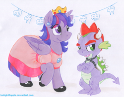 Size: 1142x900 | Tagged: safe, artist:foxxy-arts, derpibooru import, spike, twilight sparkle, twilight sparkle (alicorn), alicorn, dragon, pony, bowser, bowspike, bracelet, clothes, collar, cosplay, costume, crossed arms, crown, decoration, dress, duo, dye, ear piercing, eyebrows, horns, jewelry, koopa shell, nightmare night, nightmare night costume, open mouth, piercing, princess peach, princess twipeach, raised hoof, regalia, shell, shoes, simple background, smiling, super mario bros., traditional art, white background