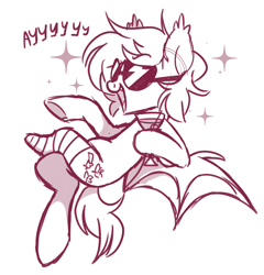 Size: 3000x3125 | Tagged: safe, artist:hawthornss, oc, oc only, oc:paper stars, bat pony, pony, amputee, bandage, cute little fangs, drink, fangs, fonzie, food, monochrome, solo, stump, sunglasses, text