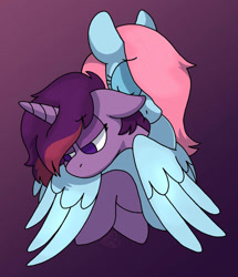 Size: 1280x1491 | Tagged: safe, artist:sandwichbuns, derpibooru import, oc, oc only, oc:black magic, oc:gale wings, pegasus, pony, unicorn, cute, female, hug, magical lesbian spawn, mare, offspring, parent:fluttershy, parent:rainbow dash, parent:tempest shadow, parent:twilight sparkle, parents:flutterdash, parents:tempestlight, winghug