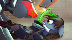 Size: 2870x1614 | Tagged: safe, artist:aaronmk, oc, oc only, oc:littlepip, oc:murky, pony, unicorn, fallout equestria, bladewolf, chainsaw, clothes, crossover, fanfic, fanfic art, female, glowing horn, horn, levitation, magic, mare, metal gear, metal gear rising, pipbuck, raiden, solo, sword, telekinesis, vault suit, weapon