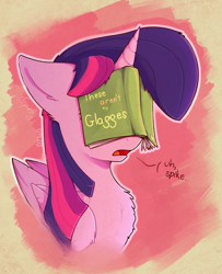 Size: 1216x1500 | Tagged: safe, artist:dino_horse, artist:renderpoint, derpibooru import, twilight sparkle, twilight sparkle (alicorn), alicorn, pony, collaboration, adorkable, book, chest fluff, confused, cute, dialogue, dork, ear fluff, facebook, facebooking, female, floppy ears, fluffy, folded wings, frown, gradient background, literal, mare, open mouth, silly, silly pony, solo, text, these aren't my glasses, twiabetes, wat, wing fluff, wings