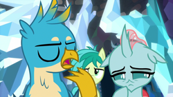 Size: 1280x720 | Tagged: safe, derpibooru import, screencap, gallus, ocellus, sandbar, what lies beneath