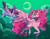 Size: 1920x1500 | Tagged: safe, artist:potetecyu_to, derpibooru import, pinkie pie, twilight sparkle, twilight sparkle (alicorn), alicorn, pony, spoiler:comic, spoiler:comic57, alicornified, crown, duo, female, flying, jewelry, mare, moon, pinkiecorn, princess of chaos, race swap, regalia, xk-class end-of-the-world scenario