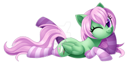 Size: 1600x807 | Tagged: safe, artist:centchi, oc, oc only, oc:spectral wind, pegasus, pony, clothes, female, mare, one eye closed, simple background, socks, solo, striped socks, transparent background, watermark, wink