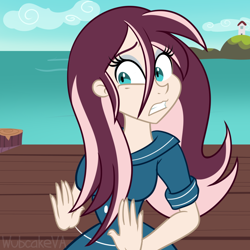 Size: 1000x1000 | Tagged: safe, artist:wubcakeva, derpibooru import, oc, oc only, oc:rosalie, equestria girls, clothes, equestria girls-ified, female, ocean, pier, scared, solo, water