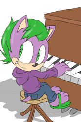 Size: 1821x2745 | Tagged: safe, artist:atomiclance, derpibooru import, spike, dragon, clothes, crossover, fangs, hoodie, male, mobian, pants, paws, piano, smiling, sonic the hedgehog (series)