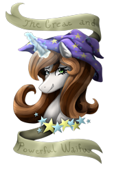 Size: 1192x1800 | Tagged: safe, artist:kikirdcz, oc, oc only, pony, unicorn, accessory swap, banner, bust, female, mare, portrait, simple background, solo, the great and powerful, transparent background, trixie's hat