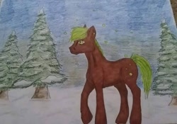 Size: 682x477 | Tagged: safe, artist:depresyjnyolowek, oc, oc only, pony, bubble, full background, male, random pony, sky, snow, solo, spruce, stallion, traditional art, tree