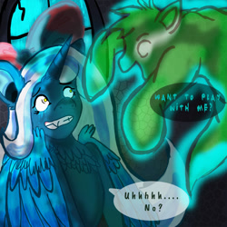 Size: 1024x1024 | Tagged: safe, artist:snowfallmountain, derpibooru import, oc, oc:fleurbelle, alicorn, ghost, pony, alicorn oc, dialogue, scared, ych result