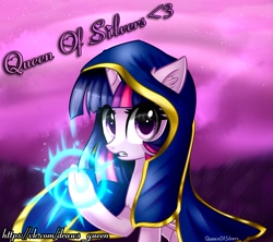 Size: 2173x1927 | Tagged: safe, artist:queenofsilvers, derpibooru import, twilight sparkle, twilight sparkle (alicorn), alicorn, pony, cloak, clothes, crossover, glowing hooves, jaina proudmoore, magic, warcraft, watermark, world of warcraft