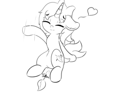 Size: 6400x4800 | Tagged: safe, artist:lurker, oc, oc only, unicorn, absurd resolution, eyes closed, grayscale, heart, male, monochrome, raised hoof, sitting, smiling, solo, stallion, trap, unnamed oc, waving