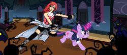 Size: 780x336 | Tagged: safe, artist:crydius, twilight sparkle, unicorn, angry, armor, banner, boots, castle, clothes, crossover, door, fight, heartless, heartless pony, kairi, keyblade, kingdom hearts, magic, magic aura, pants, rug, shadows, shirt, shoes, shorts, socks