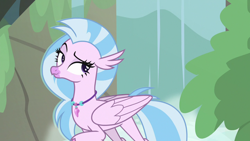 Size: 1280x720 | Tagged: safe, derpibooru import, screencap, silverstream, hippogriff, what lies beneath, female, jewelry, necklace, raised eyebrow, solo, spread wings, waterfall, wings