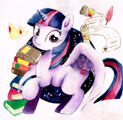Size: 1600x1564 | Tagged: safe, artist:mashiromiku, twilight sparkle, twilight sparkle (alicorn), alicorn, pony, book, feather, female, jewelry, looking at you, mare, prone, raised hoof, regalia, scroll, solo, traditional art