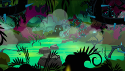 Size: 1440x811 | Tagged: safe, derpibooru import, screencap, princess twilight sparkle (episode), black vine, everfree forest, forest, no pony, pond, stepping stones, water