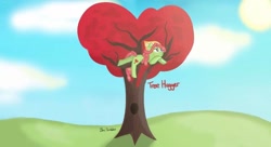 Size: 1024x556 | Tagged: safe, artist:just_dawn, derpibooru import, tree hugger, earth pony, pony, female, grass, mare, prone, solo, tree