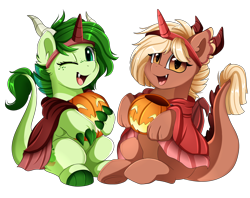 Size: 2516x1989 | Tagged: safe, artist:pridark, derpibooru import, oc, oc only, dracony, hybrid, pony, unicorn, commission, cute, fangs, halloween, holiday, horns, jack-o-lantern, ocbetes, one eye closed, open mouth, pumpkin, simple background, sitting, transparent background, underhoof, wink