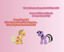 Size: 504x408 | Tagged: safe, artist:verve, derpibooru import, applejack, twilight sparkle, twilight sparkle (alicorn), alicorn, earth pony, pony, friendship university, ain't never had friends like us, alternate color palette, ask, female, genie, gradient background, mare, pixel art, tumblr