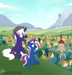 Size: 1290x1341 | Tagged: safe, artist:raspberrystudios, derpibooru import, oc, oc only, pony, unicorn, braid, braided ponytail, canterlot castle, cowboy hat, hat, ponyville