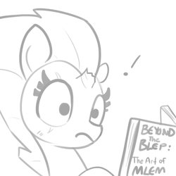 Size: 1280x1280 | Tagged: safe, artist:tjpones, derpibooru import, fizzlepop berrytwist, tempest shadow, pony, unicorn, :p, book, broken horn, exclamation point, female, mare, mlem, monochrome, shocked, silly, solo