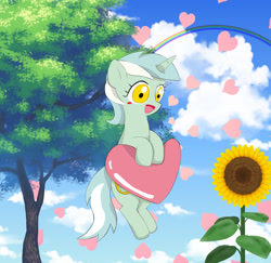 Size: 1600x1555 | Tagged: safe, artist:田中やすよ, derpibooru import, lyra heartstrings, pony, unicorn, :d, blushing, cloud, cute, female, floating, floating heart, flower, heart, looking at you, lyrabetes, mare, open mouth, pixiv, rainbow, shrunken pupils, sky, smiling, solo, sunflower, tree