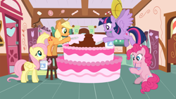 Size: 1280x720 | Tagged: safe, artist:agrol, derpibooru import, applejack, fluttershy, pinkie pie, twilight sparkle, twilight sparkle (alicorn), alicorn, earth pony, pegasus, pony, cake, female, food, frosting, kitchen, smiling