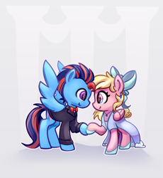 Size: 1280x1393 | Tagged: safe, artist:lilfunkman, derpibooru import, oc, oc only, oc:andrew swiftwing, oc:bay breeze, pegasus, pony, bow, bowtie, clothes, couple, cute, dancing, dress, ear piercing, earring, gown, hair bow, jewelry, necklace, piercing, shoes, smiling, suit, swiftbreeze, wings