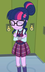 Size: 451x718 | Tagged: safe, derpibooru import, screencap, sci-twi, twilight sparkle, equestria girls, friendship games, clothes, crossed arms, crystal prep academy uniform, eyes closed, female, glasses, hair bun, pleated skirt, sad, school uniform, skirt, socks