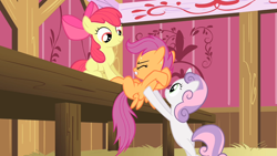 Size: 1280x720 | Tagged: safe, derpibooru import, screencap, apple bloom, scootaloo, sweetie belle, pony, flight to the finish, cutie mark crusaders