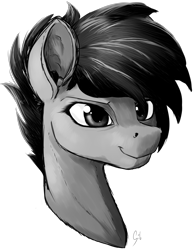 Size: 2264x2922 | Tagged: safe, artist:thatonegib, derpibooru import, oc, oc:doodly mcsketchy, black hair, bust, eyelashes, female, grayscale, mare, monochrome, portrait, short hair, simple background, sketch, smiling, solo, transparent background