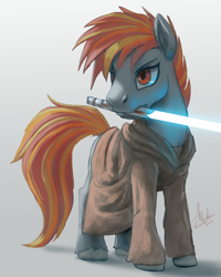 Size: 900x1125 | Tagged: safe, artist:raikoh, derpibooru import, oc, oc only, oc:hugo drax, pony, cloak, clothes, commission, lightsaber, male, mouth hold, solo, stallion, star wars, weapon