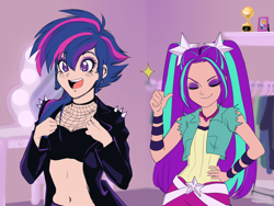 Size: 1600x1200 | Tagged: safe, artist:rileyav, derpibooru import, aria blaze, twilight sparkle, human, equestria girls, alternate hairstyle, belly button, clothes, duo, eyeshadow, female, fishnet stockings, human coloration, humanized, jacket, leather jacket, light skin, makeup, midriff, punklight sparkle, thumbs up