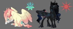 Size: 3000x1200 | Tagged: safe, artist:loryska, derpibooru import, oc, oc only, oc:oriana, oc:viridian, alicorn, pony, cloven hooves, female, flower, male, mare, previous generation, stallion, unshorn fetlocks