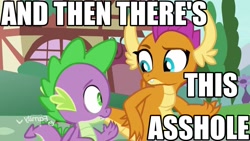 Size: 1024x576 | Tagged: safe, derpibooru import, edit, edited screencap, editor:anonycat, screencap, smolder, spike, dragon, father knows beast, and then there's this asshole, claws, discovery family logo, dragon wings, dragoness, duo, fangs, female, horns, image macro, impact font, meme, ponyville, reaction image, reversed, text, tree, vulgar, wings