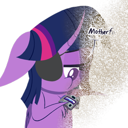 Size: 1000x1000 | Tagged: safe, artist:dragonpone, derpibooru exclusive, derpibooru import, twilight sparkle, twilight sparkle (alicorn), alicorn, pony, friendship university, avengers: infinity war, captain marvel (marvel), chest fluff, crossover, curse cut short, dialogue, disguise, disintegration, dust, eyepatch, eyepatch (disguise), female, floppy ears, hoof hold, horn, i don't feel so good, imminent death, implied death, infinity snap, lidded eyes, lineless, mare, marvel, mother fu, nick fury, pager, paper-thin disguise, simple background, solo, thanos snap, transparent background, unamused, wings