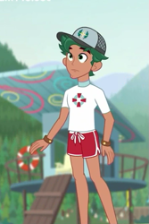 Size: 357x536 | Tagged: safe, derpibooru import, screencap, timber spruce, better together, equestria girls, turf war, arms, cap, clothes, cropped, hat, legs, lifeguard timber, male, shorts, solo