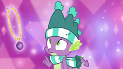 Size: 1280x720 | Tagged: safe, derpibooru import, screencap, spike, dragon, best gift ever, abstract background, clothes, hat, jewelry, necklace, purple background, scarf, simple background, solo, winged spike