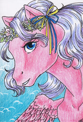 Size: 400x586 | Tagged: safe, artist:shaiyeh, derpibooru import, north star (g1), pegasus, pony, g1, aceo, female, floral head wreath, flower, mare, solo, traditional art