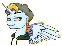 Size: 746x555 | Tagged: safe, artist:chibadeer, oc, oc only, oc:professor dickinson, alicorn, pony, alicorn oc, beret, clothes, hat, hoodie, male, simple background, solo, stallion, transparent background