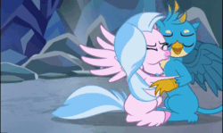 Size: 600x357 | Tagged: safe, derpibooru import, screencap, gallus, silverstream, classical hippogriff, griffon, hippogriff, what lies beneath, animated, cute, diastreamies, duo, female, gallabetes, hug, male, push, scooting