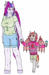 Size: 2052x3112 | Tagged: safe, artist:deathless-master, derpibooru import, oc, oc:antique rose, oc:pepper zest, anthro, bat pony, unguligrade anthro, anthro oc, bat pony oc, clothes, female, filly, food, glasses, grandmother, grandmother and grandchild, grandmother and granddaughter, ice cream, mare, offspring, parent:oc:savory zest, parent:oc:scarlet quill, parents:oc x oc, parents:scarlory, shirt, simple background, sweater, traditional art, white background