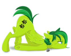 Size: 1000x786 | Tagged: safe, artist:komandorpush, derpibooru import, oc, oc only, oc:evergreen feathersong, pegasus, pony, bored, cel shading, face down ass up, flat ears, paw prints, plot, riptire, shading, simple background, transparent background, ych result