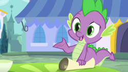 Size: 1280x720 | Tagged: safe, derpibooru import, screencap, spike, dragon, princess spike (episode), canterlot, male, table