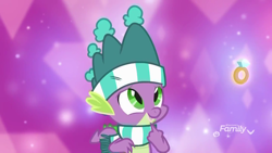 Size: 1280x720 | Tagged: safe, derpibooru import, screencap, spike, dragon, best gift ever, happy, ring, winged spike, winter outfit