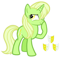 Size: 1584x1512 | Tagged: safe, artist:thecheeseburger, derpibooru import, oc, oc only, pony, unicorn, female, golden eyes, green pony, simple background, smug, solo, transparent background, yellow hair