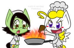 Size: 650x430 | Tagged: safe, artist:alittleofsomething, derpibooru import, oc, oc only, oc:alos, oc:ditto, earth pony, pegasus, pony, semi-anthro, cooking, female, fire, mare, open mouth, simple background, transparent background