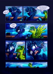 Size: 3638x5102 | Tagged: safe, artist:phantomlemon, derpibooru import, oc, oc:aura skye, oc:evergreen feathersong, pegasus, pony, unicorn, #brony4ever, blushing, comic, couple, dialogue, everskye, riptire