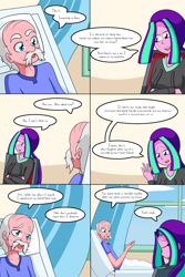 Size: 1050x1575 | Tagged: safe, artist:jake heritagu, derpibooru import, aria blaze, oc, oc:smooth tone, comic:aria's archives, comic:nursing home, equestria girls, chair, clothes, comic, curtains, dialogue, female, hoodie, male, mother and child, mother and son, offspring, parent and child, parent:aria blaze, speech bubble, window